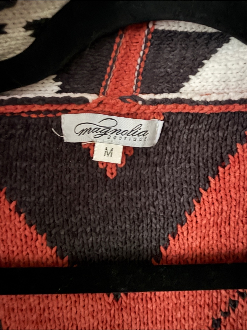 Magnolia Women’s M Southwestern Geometric Fringe Open Cardigan Rust Black - Picture 3 of 7